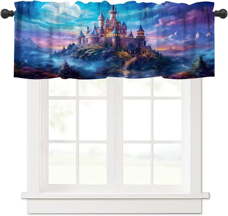 AAVEUP Castle Valance Curtain Mystic Magic Moonlight Dream Castle Window Treatment Valances Curtains for Kids Girls Room Bedroom Living Room 54x18In - Image 1